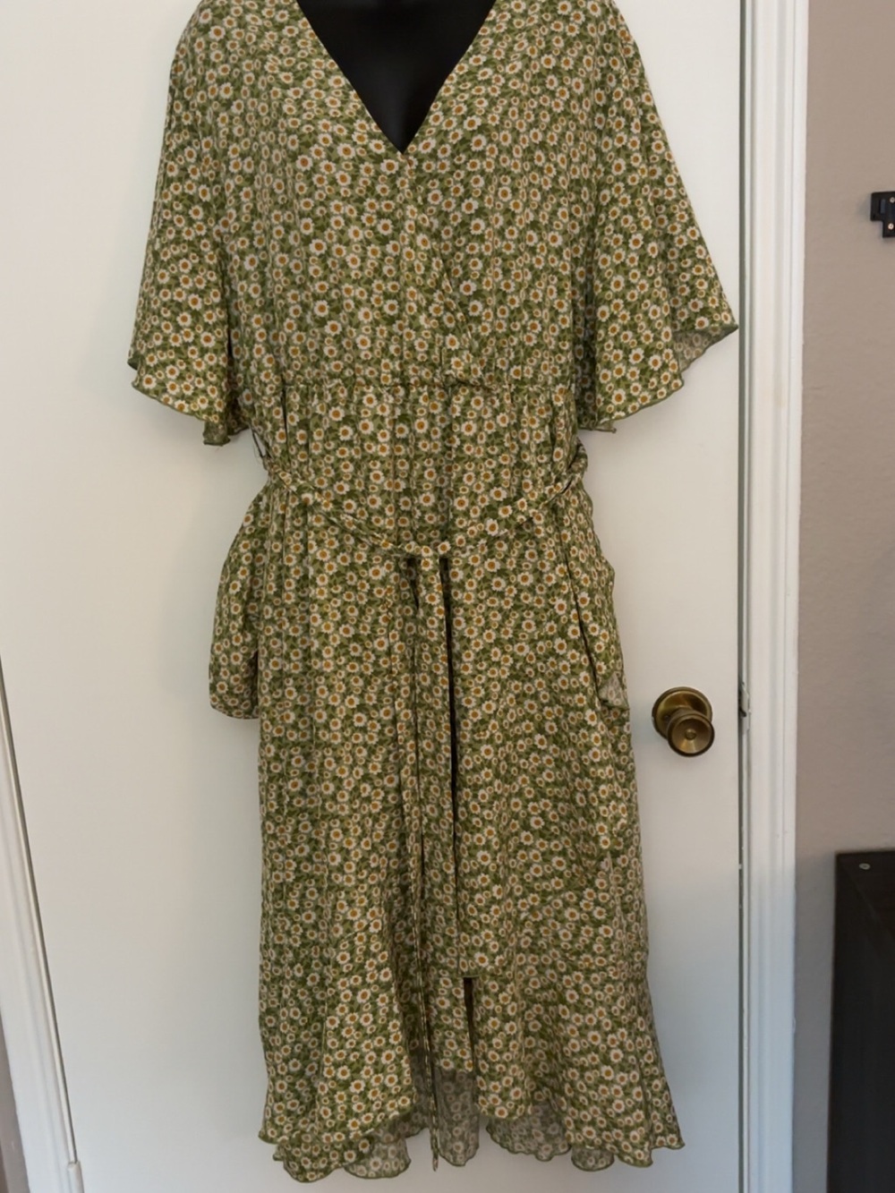 Olive Green Floral V-Neck Midi Dress